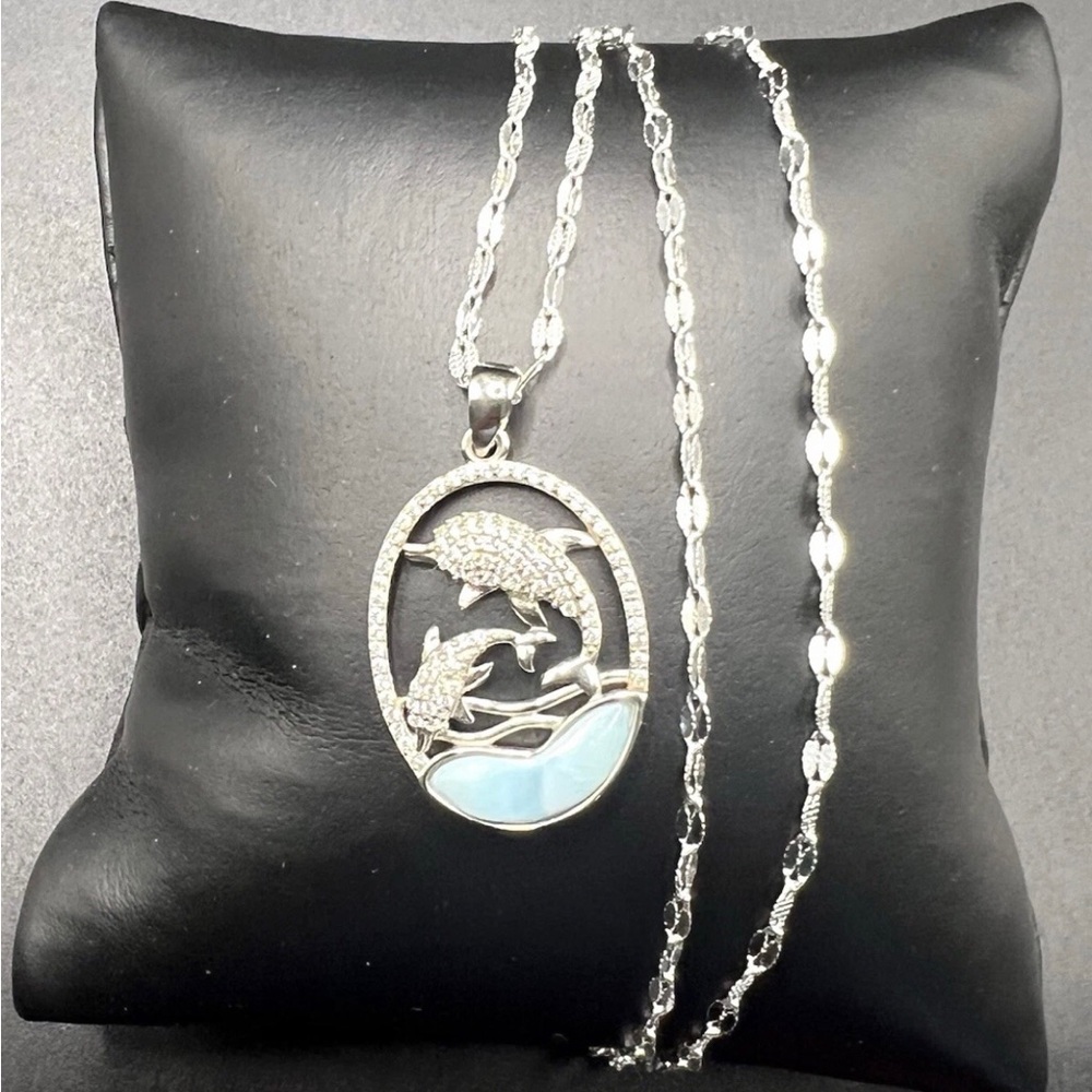 925 Sterling Silver Natural Larimar & CZ Dolphin Pendant Necklace Size 18”